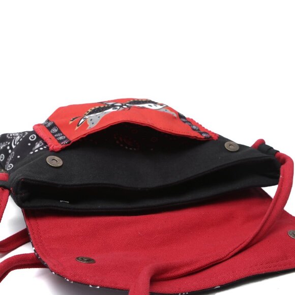 Laurel Burch Butterfly Canvas Shoulder Bag Crossbody Fabric Messenger Red Black - Picture 7 of 8